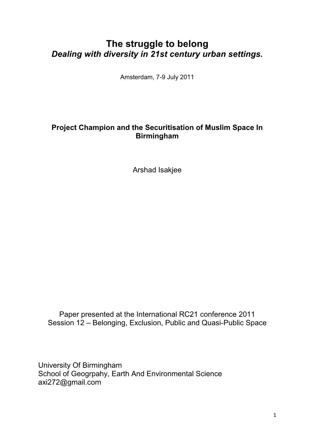 Project Champion and the Securitisation of Muslim Space in Birmingham