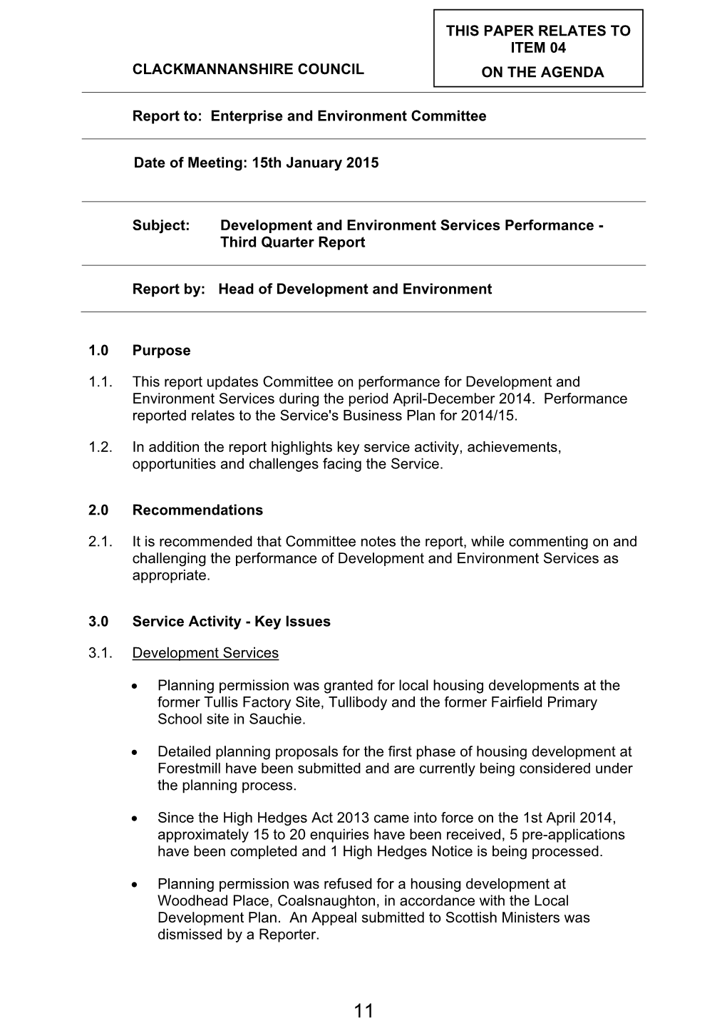 Development and Environment Services Performance - Third Quarter Report