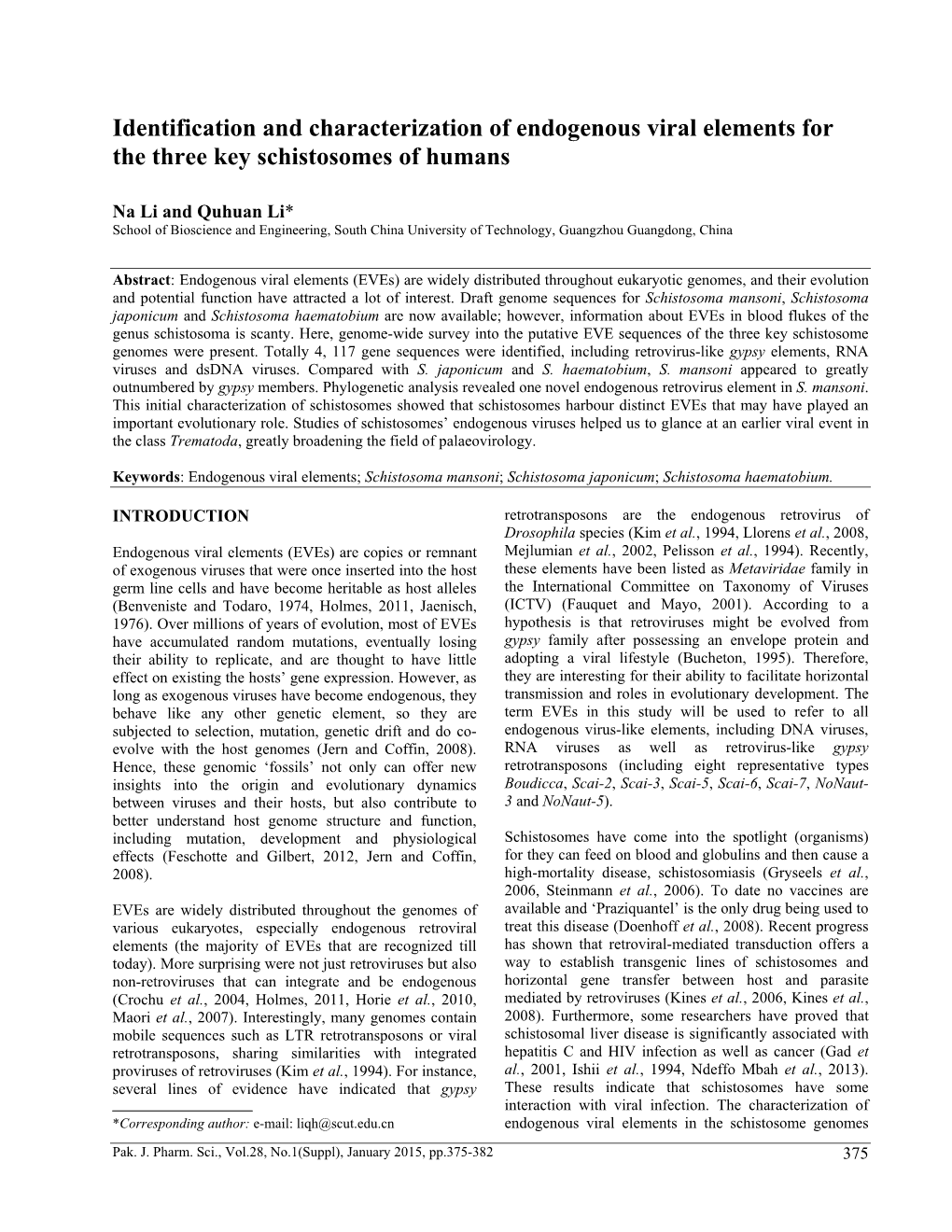 Identification and Characterization of Endogenous Viral Elements for the Three Key Schistosomes of Humans