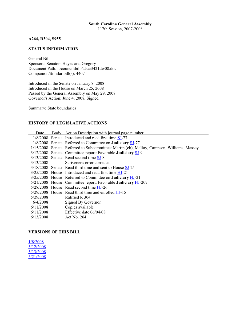 2007-2008 Bill 955: State Boundaries - South Carolina Legislature Online