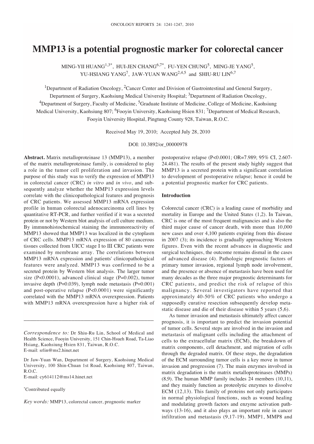 MMP13 Is a Potential Prognostic Marker for Colorectal Cancer