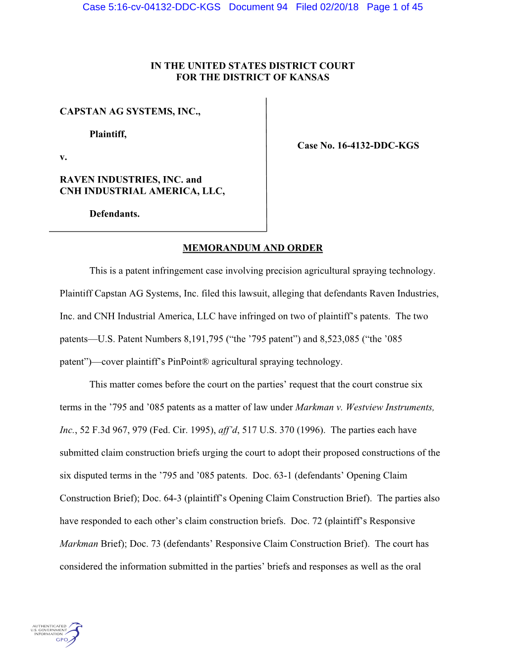 Case 5:16-Cv-04132-DDC-KGS Document 94 Filed 02/20/18 Page 1 of 45