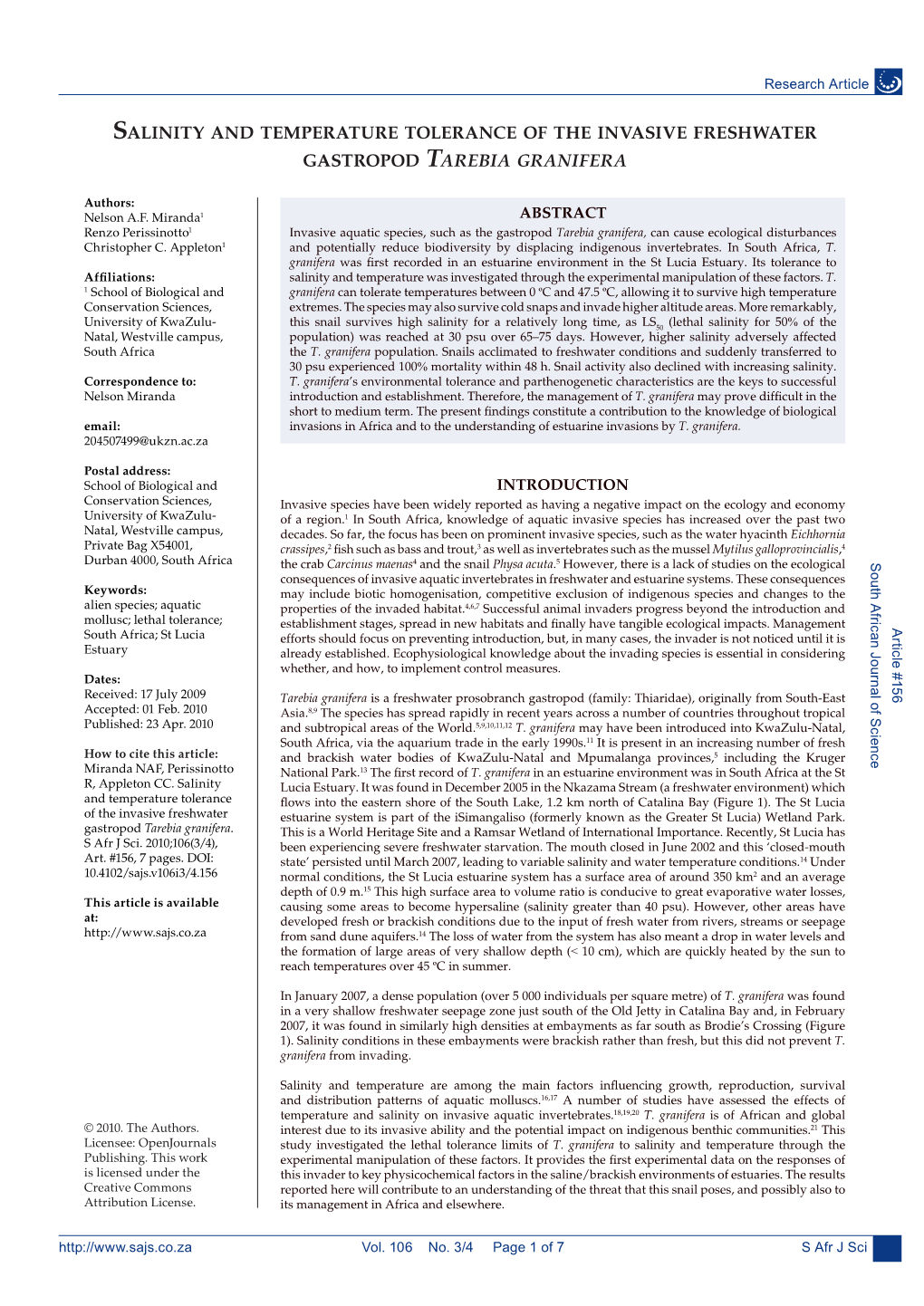 Salinity and Temperature Tolerance of the Invasive