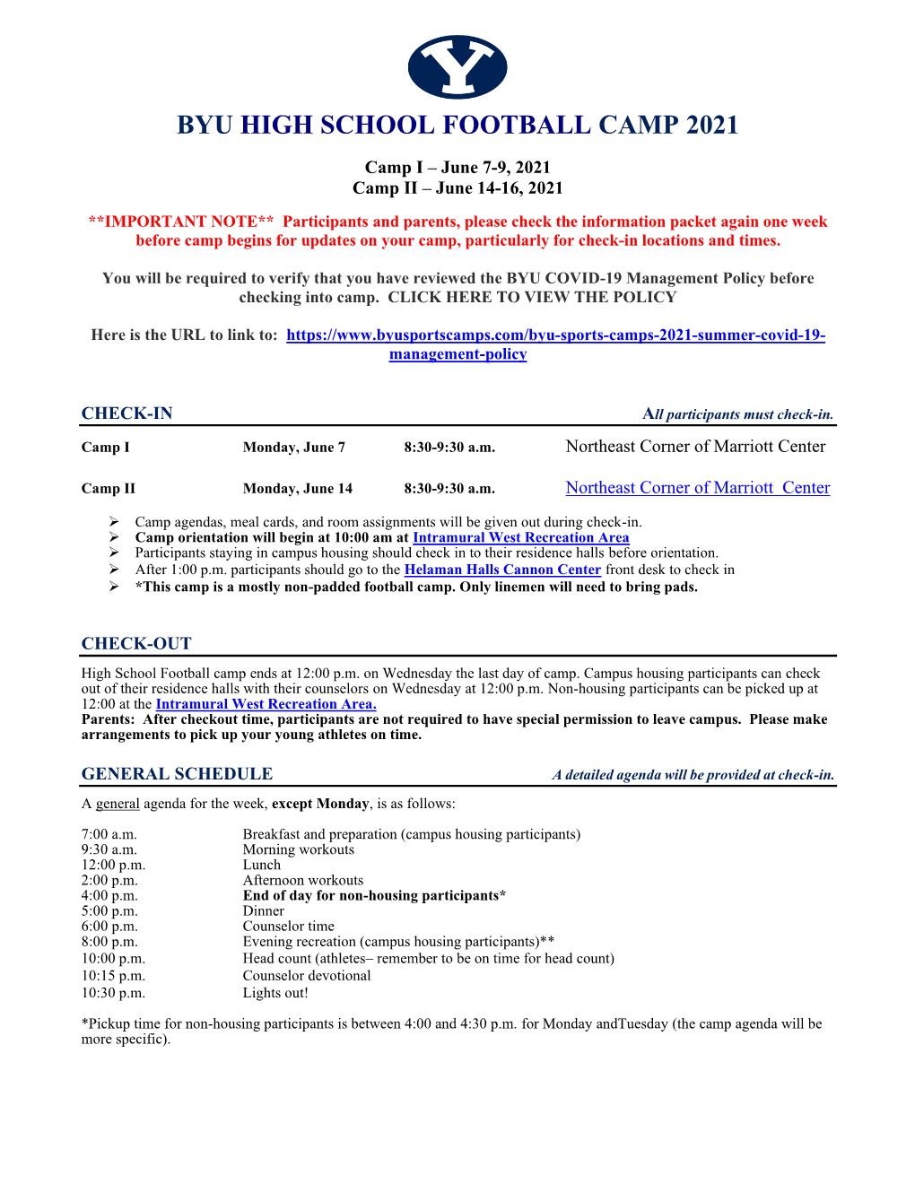 2021 High School Football Camp Information Packet