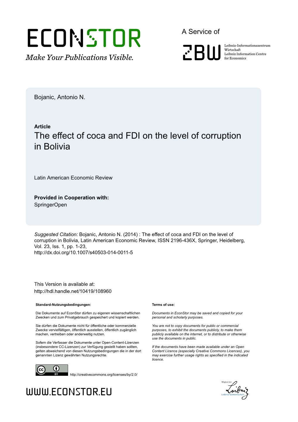 The Effect of Coca and FDI on the Level of Corruption in Bolivia