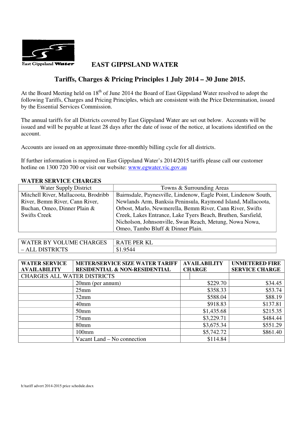 EAST GIPPSLAND WATER Tariffs, Charges & Pricing Principles 1 July