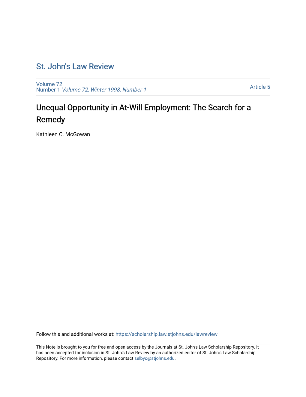Unequal Opportunity in At-Will Employment: the Search for a Remedy