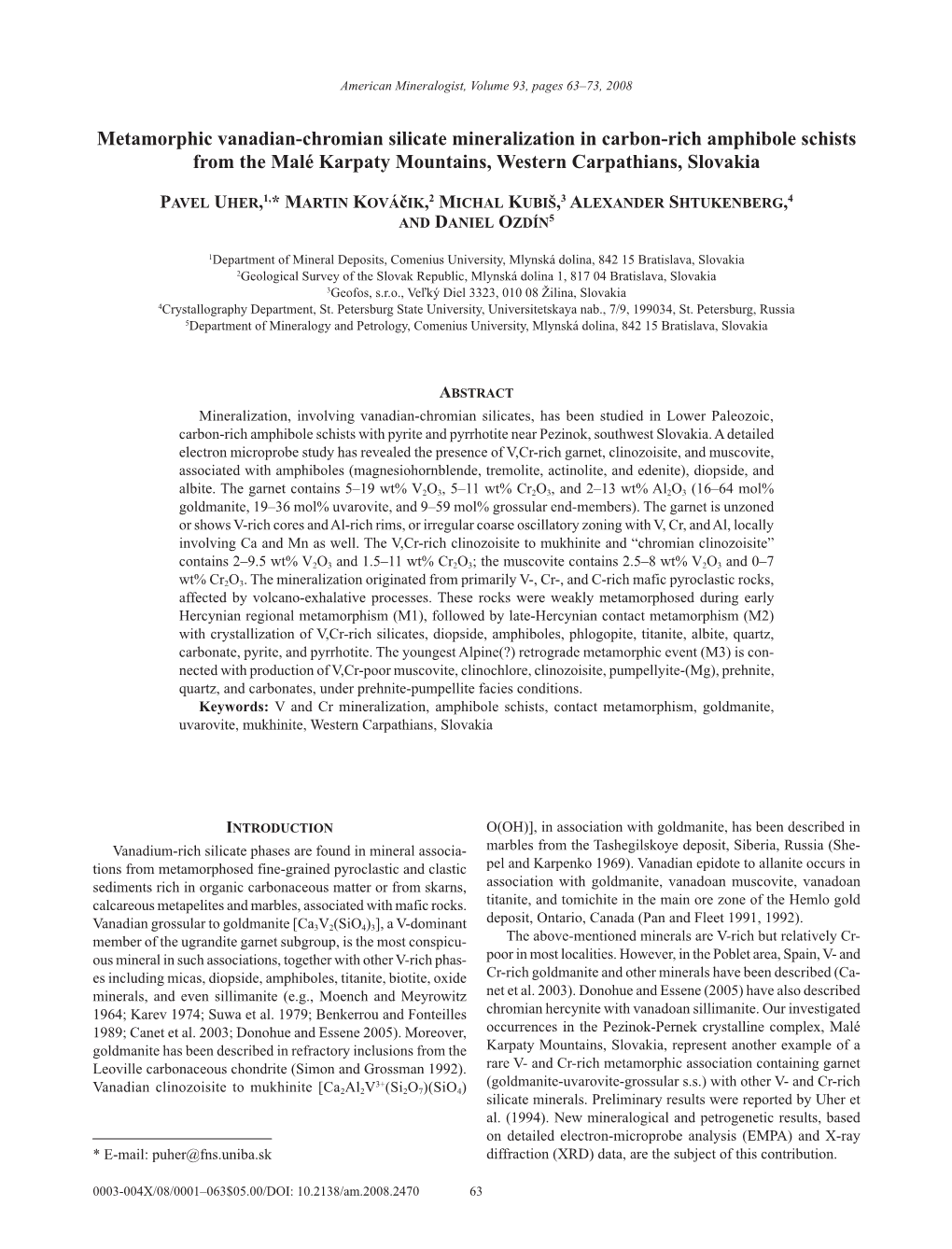 Metamorphic Vanadian-Chromian Silicate Mineralization in Carbon-Rich Amphibole Schists from the Malé Karpaty Mountains, Western Carpathians, Slovakia