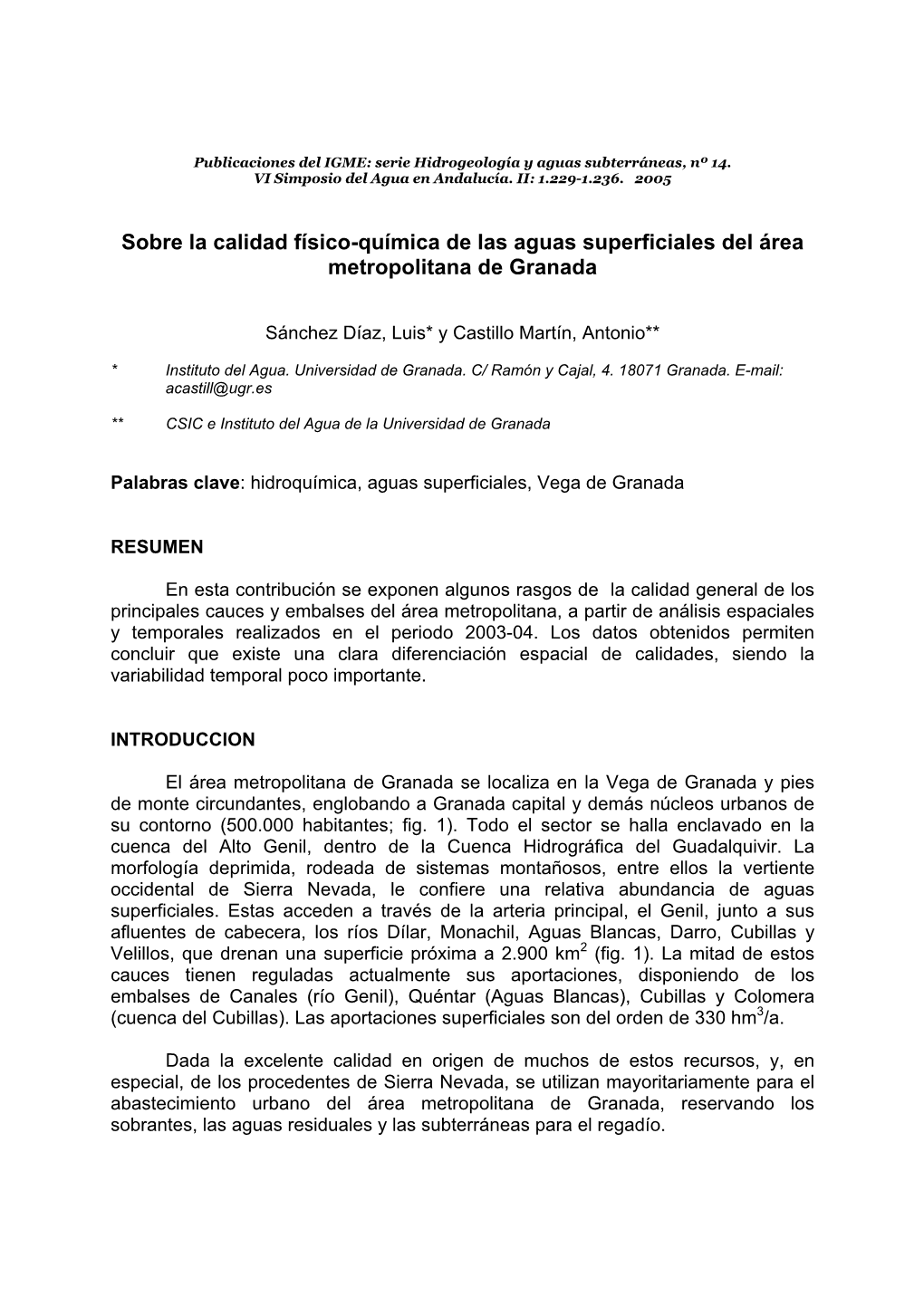 Sobre La Calidad Físico-Química De Las Aguas Superficiales Del Área Metropolitana De Granada