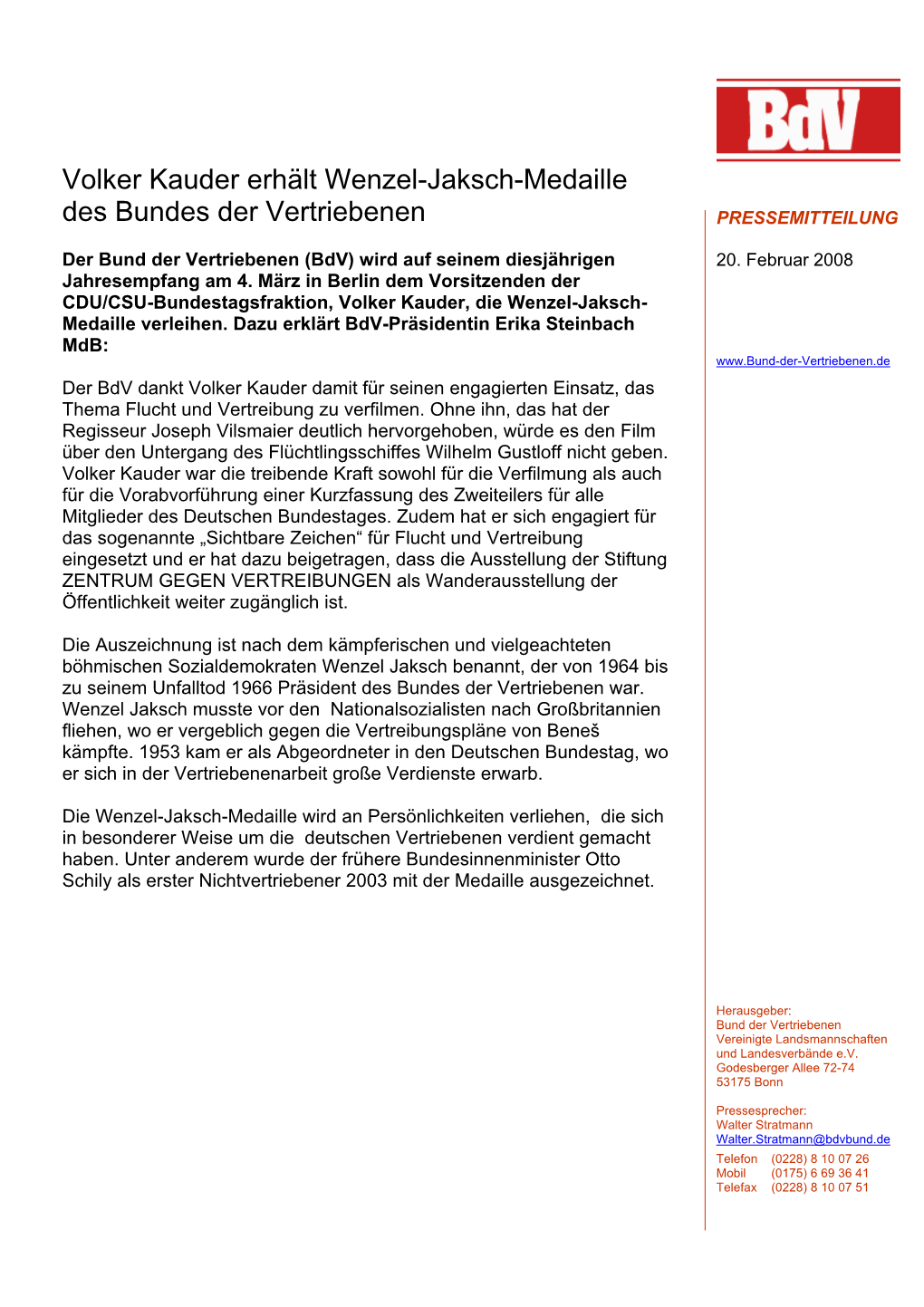 Volker Kauder Erhält Wenzel-Jaksch-Medaille Des Bundes Der Vertriebenen PRESSEMITTEILUNG