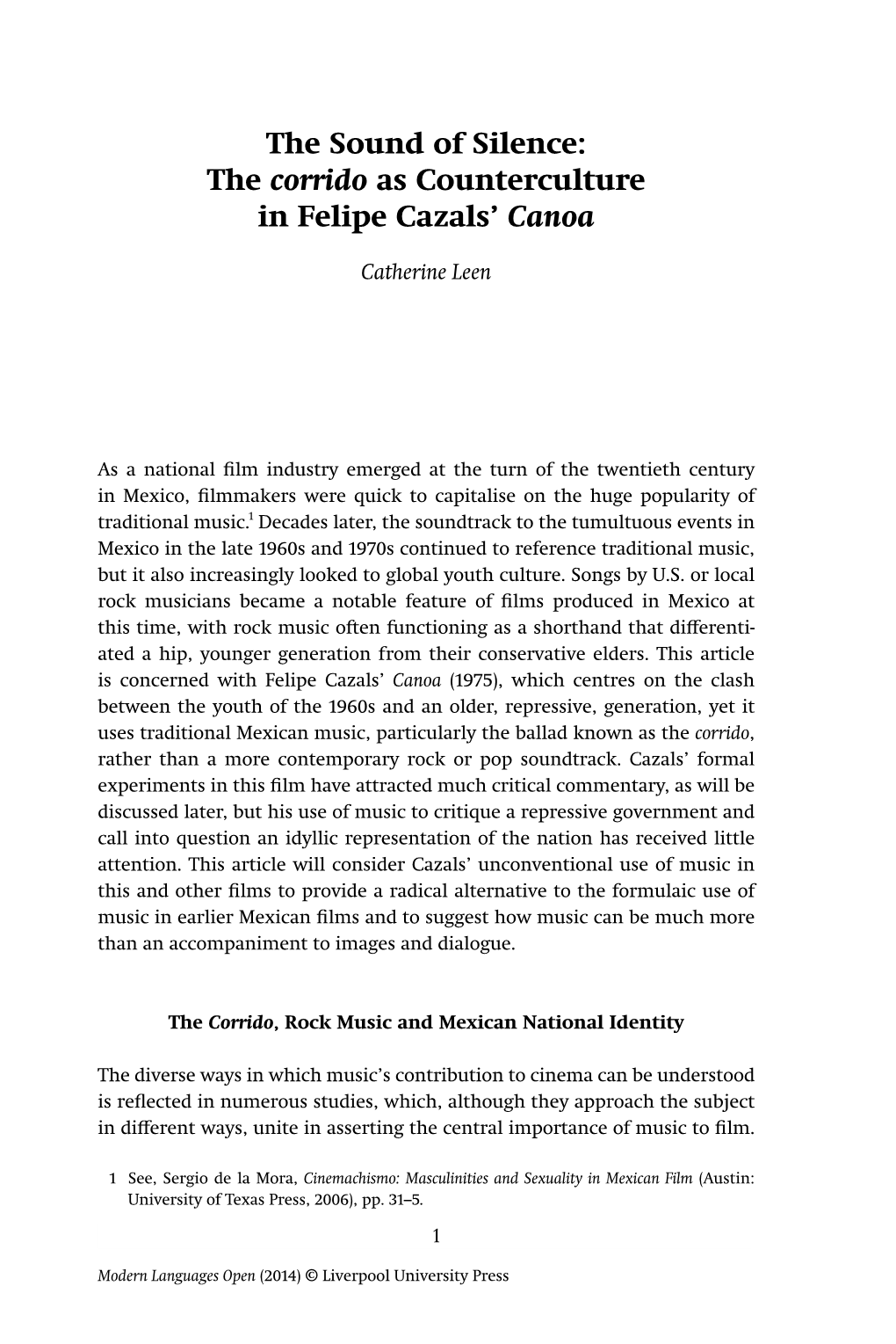 The Sound of Silence: the Corrido As Counterculture in Felipe Cazals' Canoa