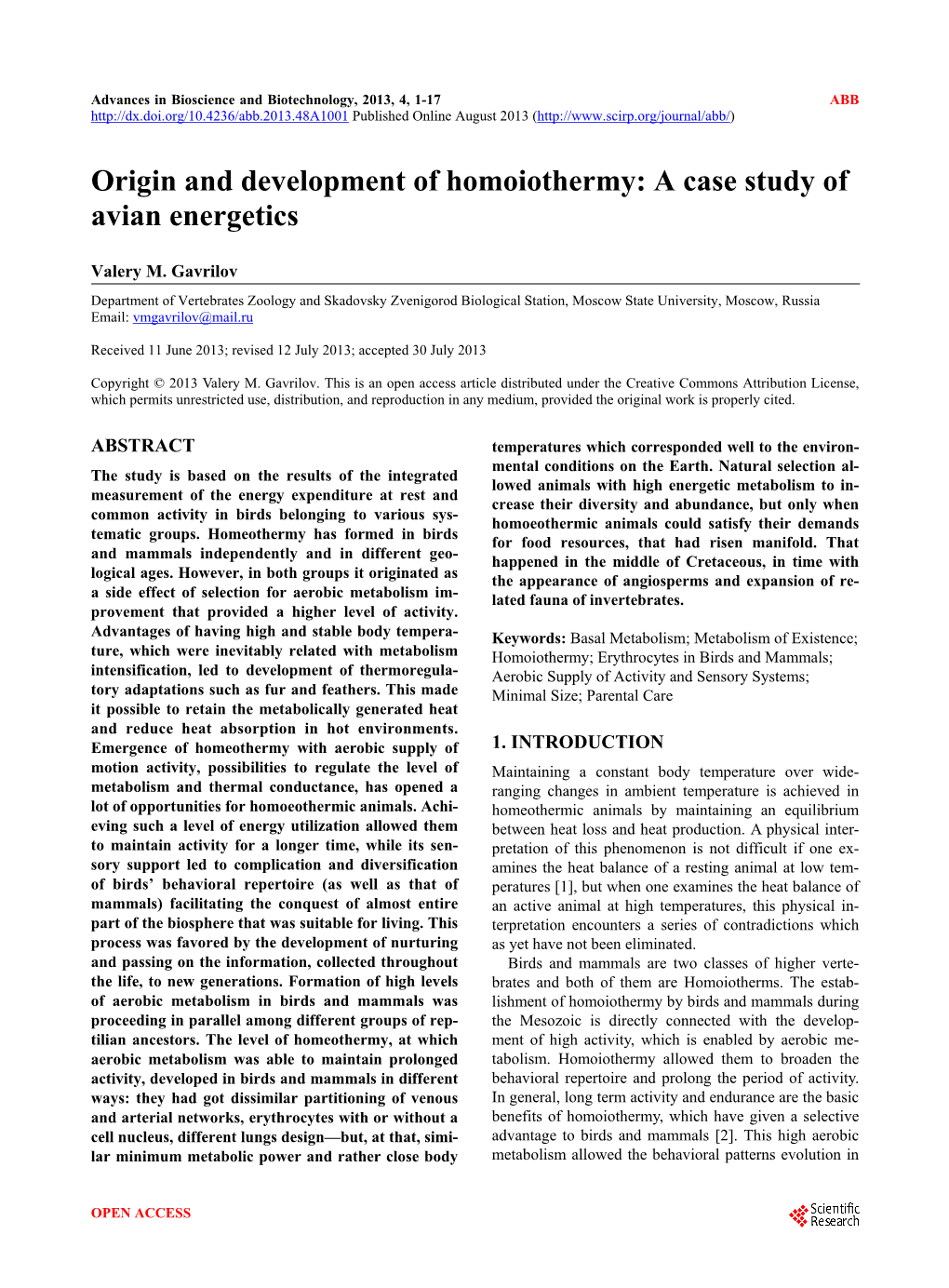 Origin and Development of Homoiothermy: a Case Study of Avian Energetics