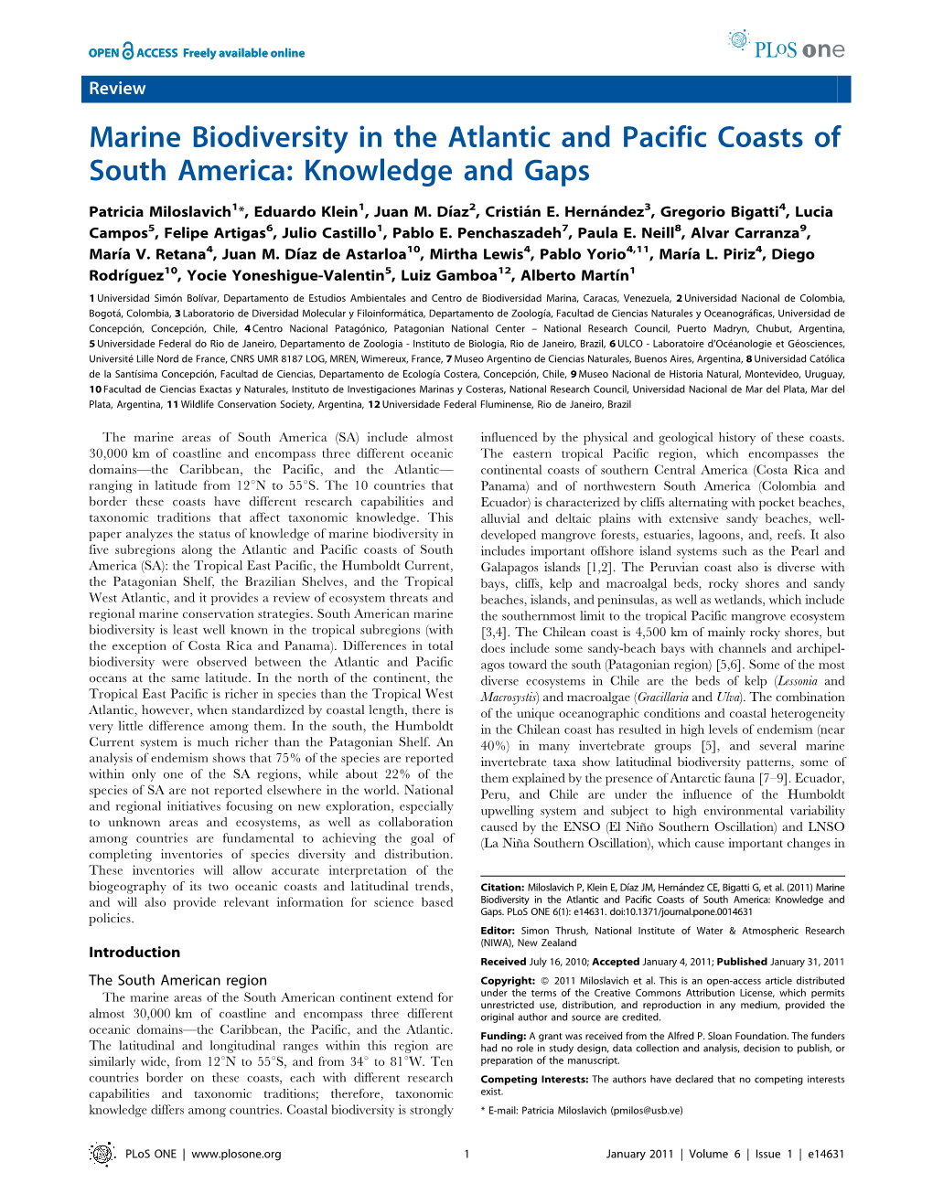 Marine Biodiversity in the Atlantic and Pacific Coasts of South America: Knowledge and Gaps