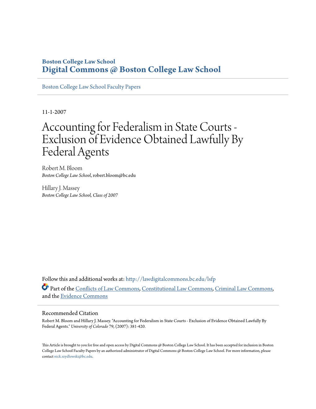 Accounting for Federalism in State Courts - Exclusion of Evidence Obtained Lawfully by Federal Agents Robert M