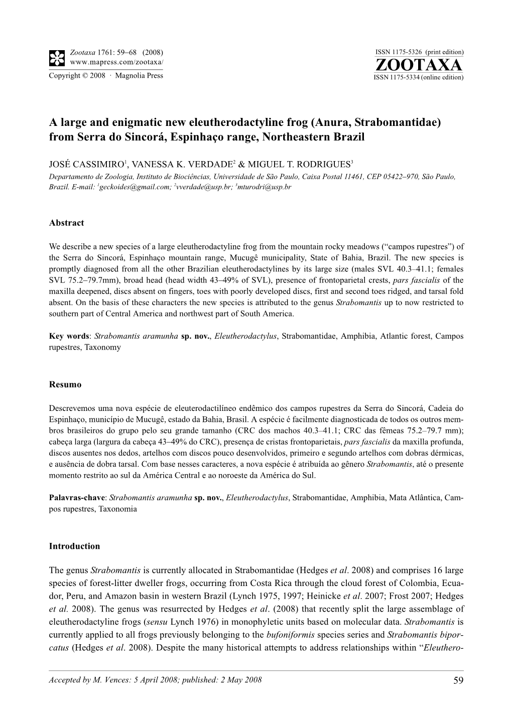 Zootaxa, a Large and Enigmatic New Eleutherodactyline