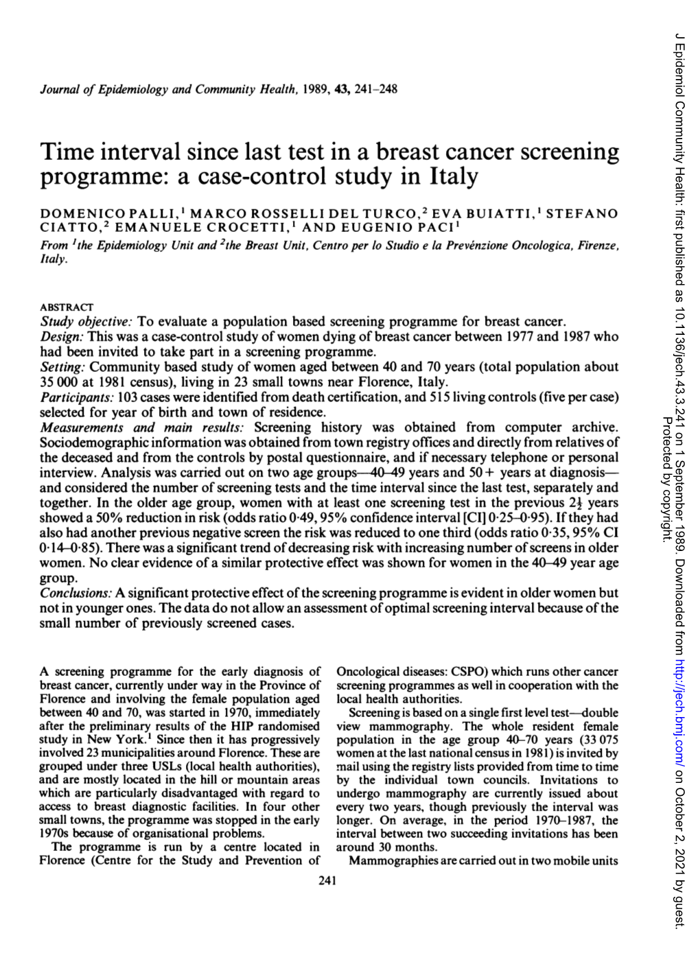 Time Interval Since Last Test in a Breast Cancer Screening Programme: a Case-Control Study in Italy