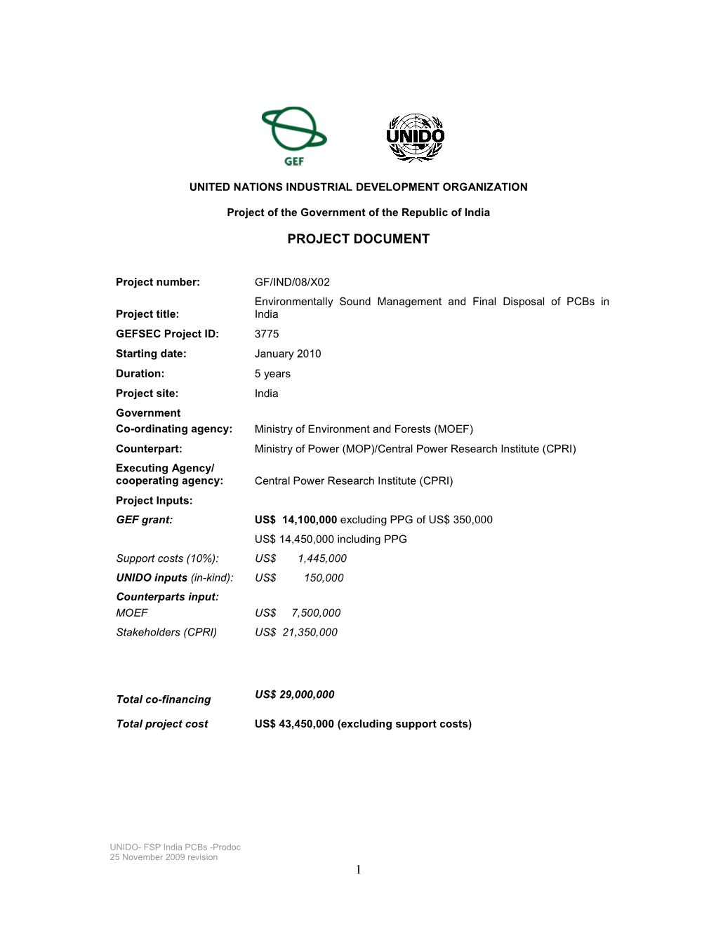 UNIDO India FSP Pcbs-Prodoc-25 Nov09-Resubfinal