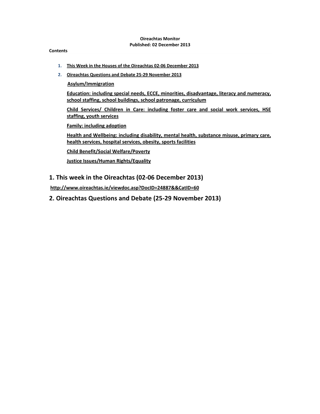 2. Oireachtas Questions and Debate (25-29 November 2013) Asylum/Immigration