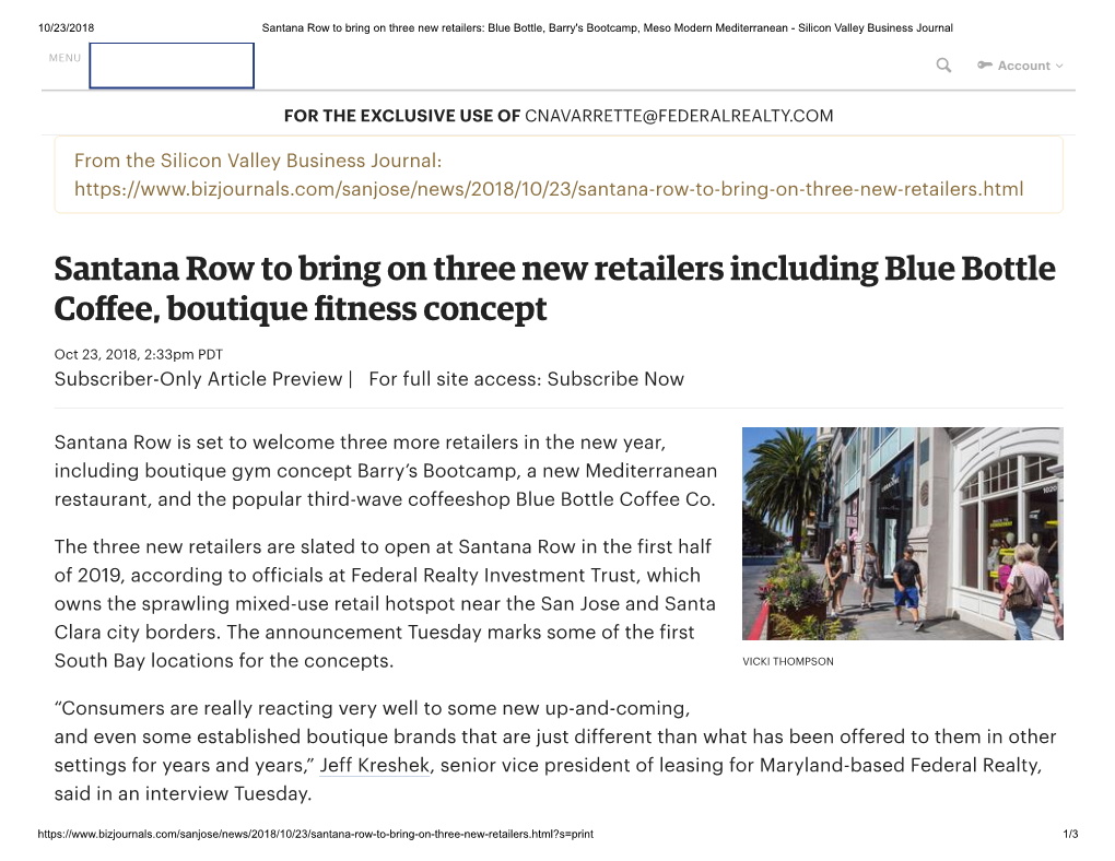 Santana Row to Bring on Three New Retailers Including Blue Bottle Coﬀee, Boutique ﬁtness Concept