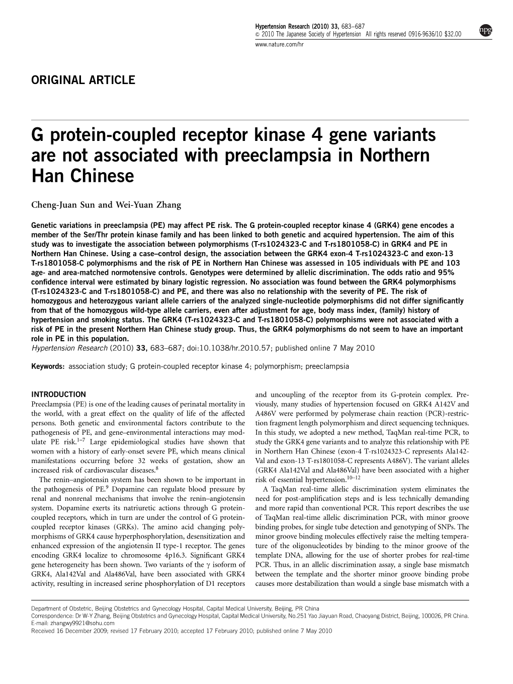 G Protein-Coupled Receptor Kinase 4 Gene Variants Are Not Associated with Preeclampsia in Northern Han Chinese