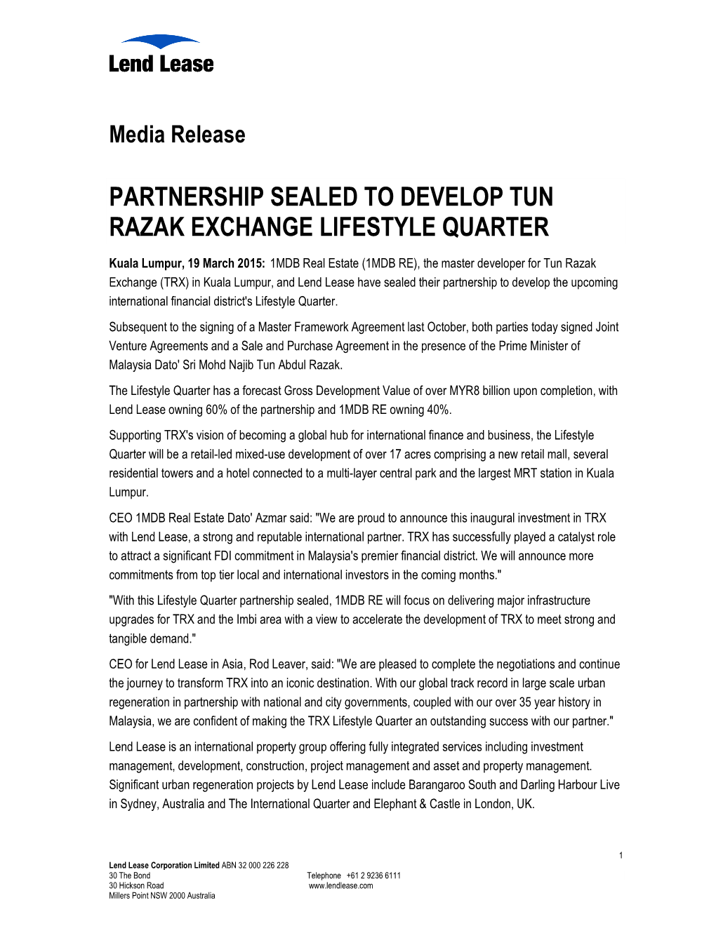 Partnership Sealed to Develop Tun Razak Exchange Lifestyle Quarter