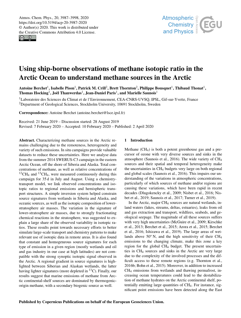 Using Ship-Borne Observations of Methane Isotopic Ratio in the Arctic Ocean to Understand Methane Sources in the Arctic