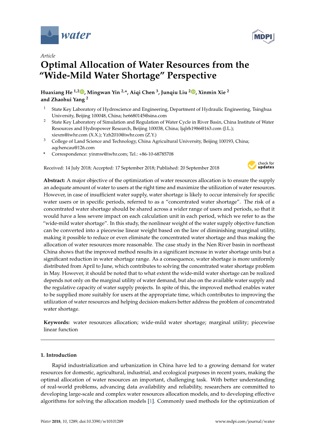 Optimal Allocation of Water Resources from the “Wide-Mild Water Shortage” Perspective