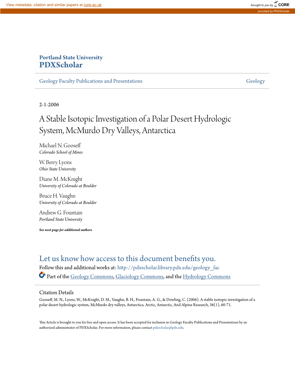 A Stable Isotopic Investigation of a Polar Desert Hydrologic System, Mcmurdo Dry Valleys, Antarctica