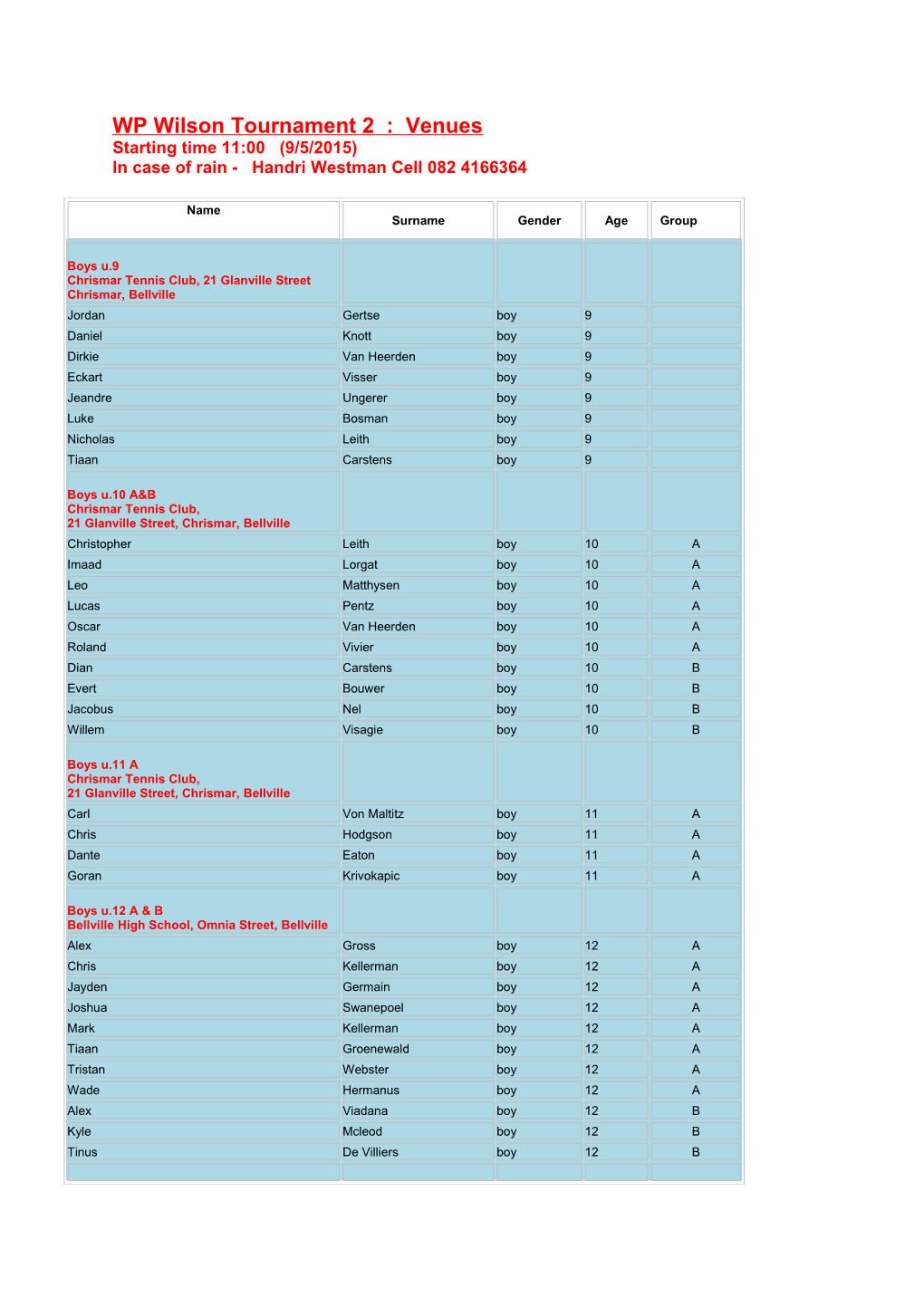 WP Wilson Tourn Ament 2 : Venues Starting Time 11:00 (9/5/2015) in Case of Rain - Handri