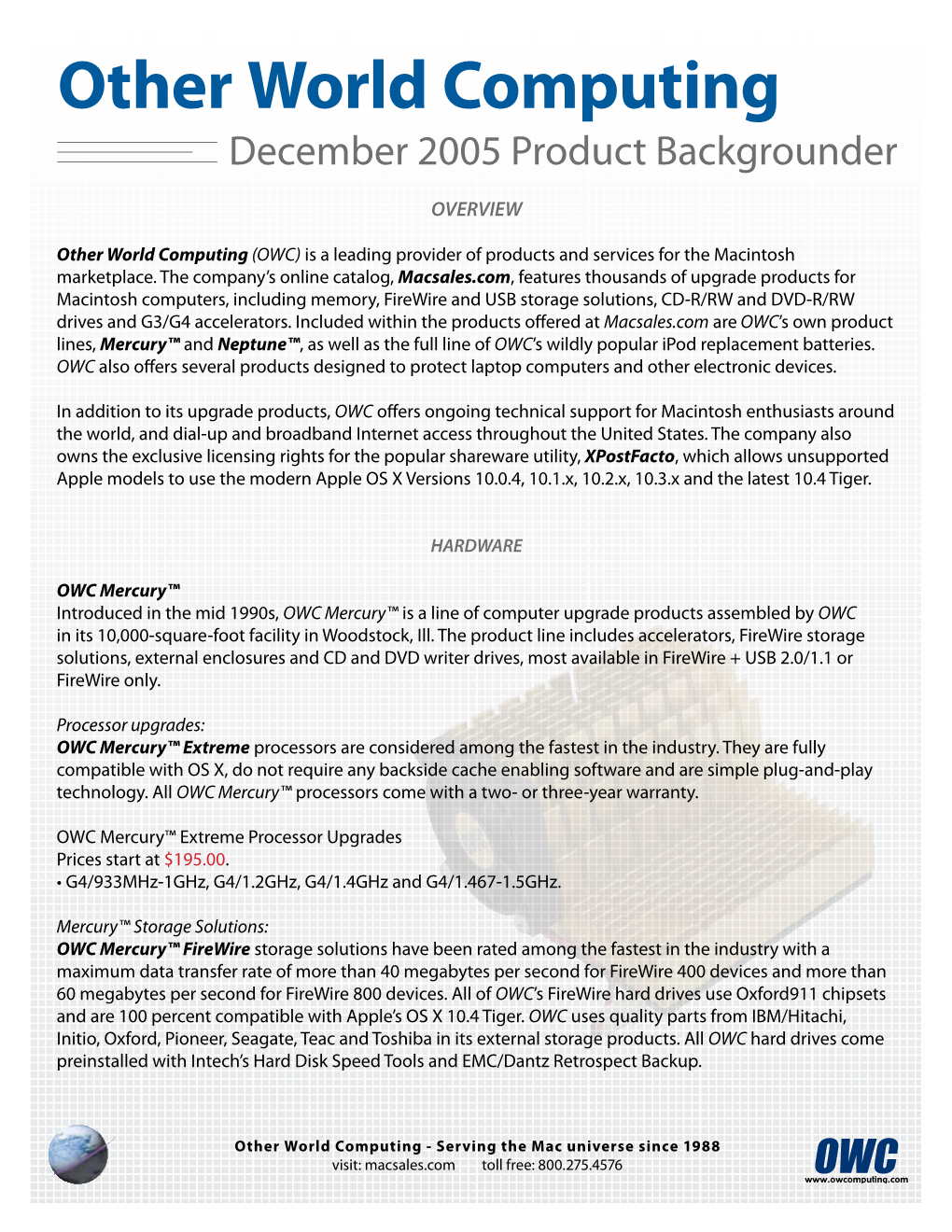 Other World Computing December 2005 Product Backgrounder