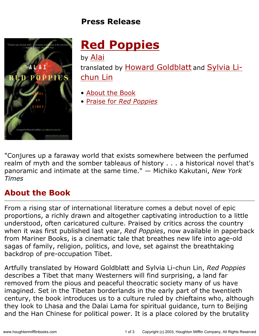 Press Release for Red Poppies Published by Houghton Mifflin Company