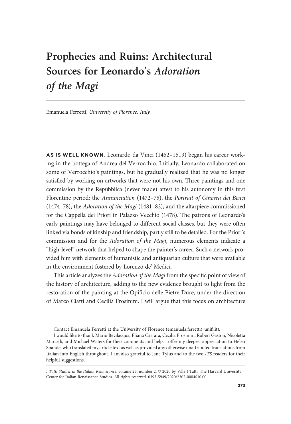 Prophecies and Ruins: Architectural Sources for Leonardo's Adoration Of