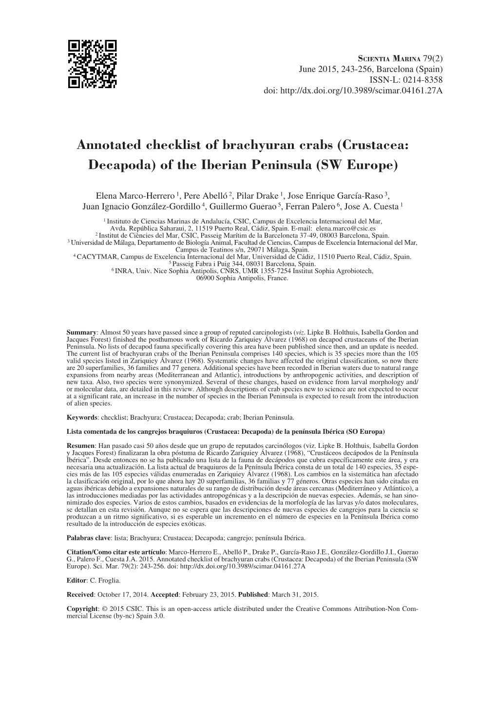 Crustacea: Decapoda) of the Iberian Peninsula (SW Europe)