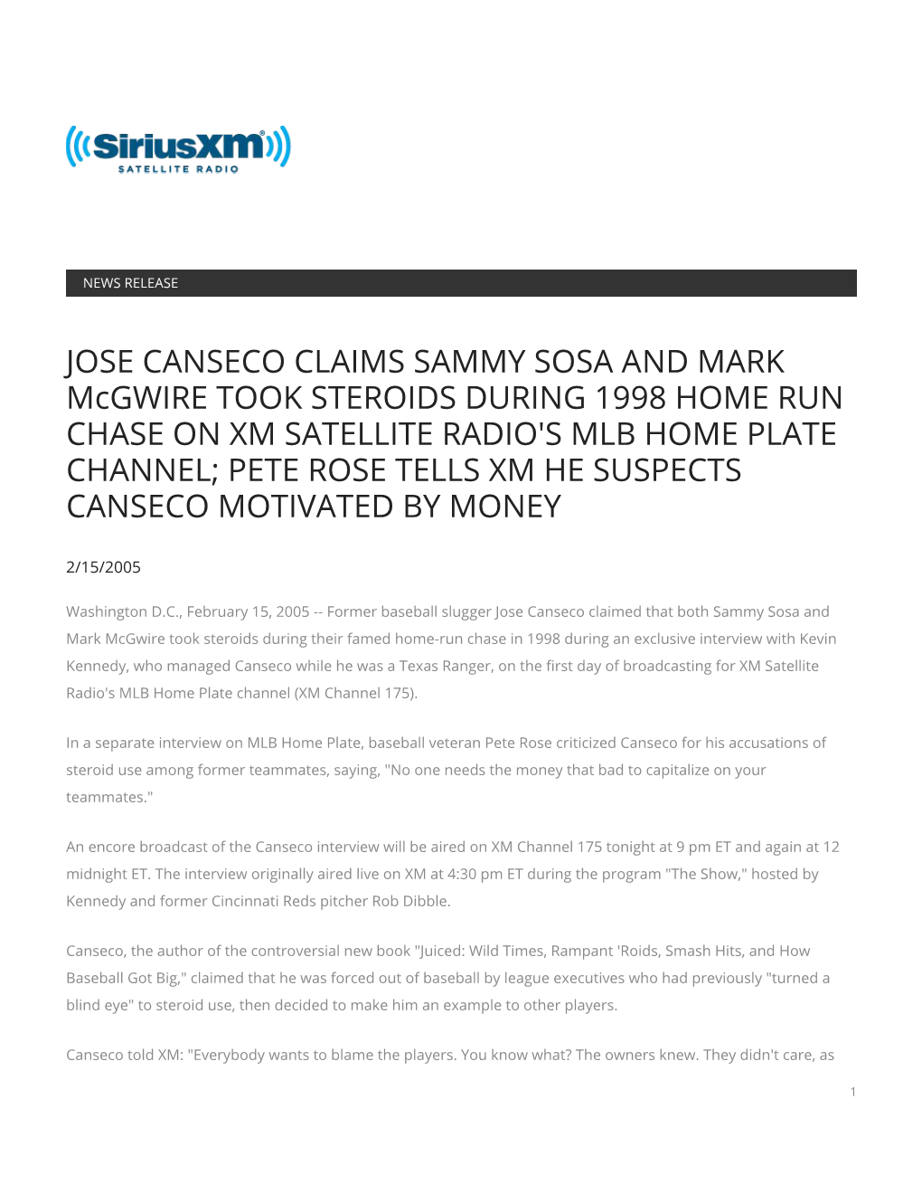 JOSE CANSECO CLAIMS SAMMY SOSA and MARK Mcgwire TOOK