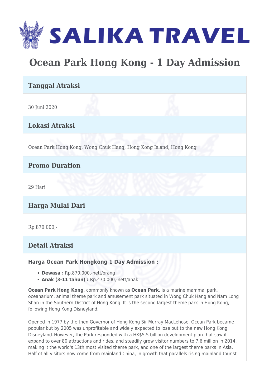 Ocean Park Hong Kong - 1 Day Admission