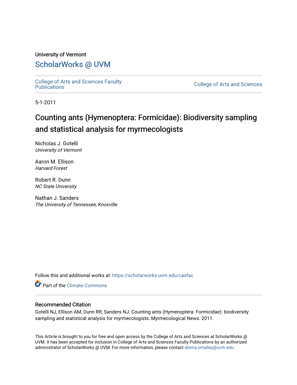 Biodiversity Sampling and Statistical Analysis for Myrmecologists