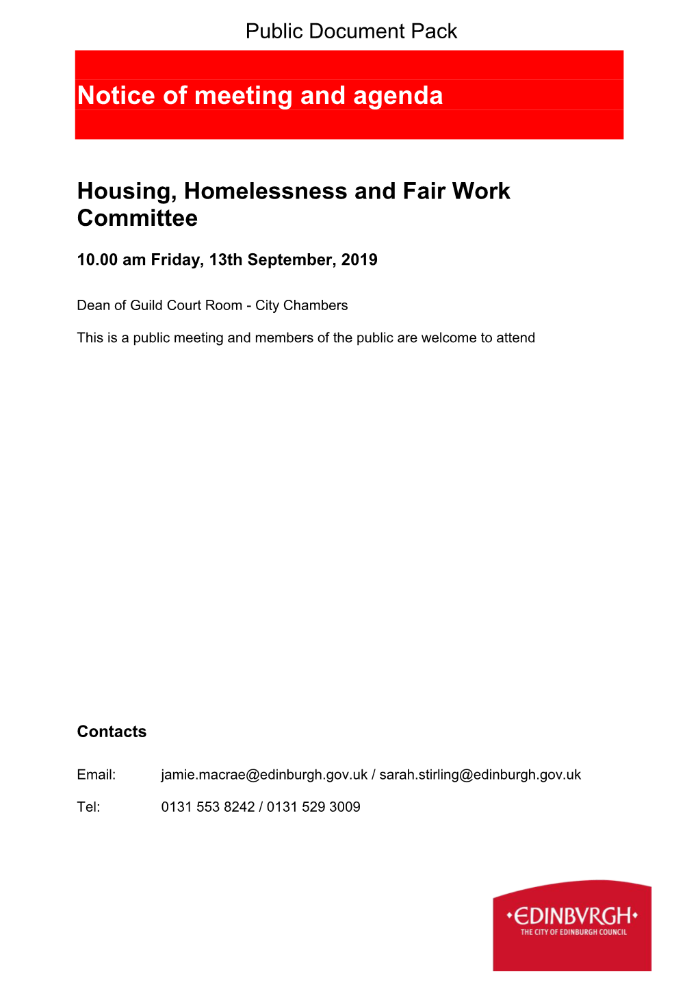 (Public Pack)Agenda Document for Housing, Homelessness and Fair Work Committee, 13/09/2019 10:00