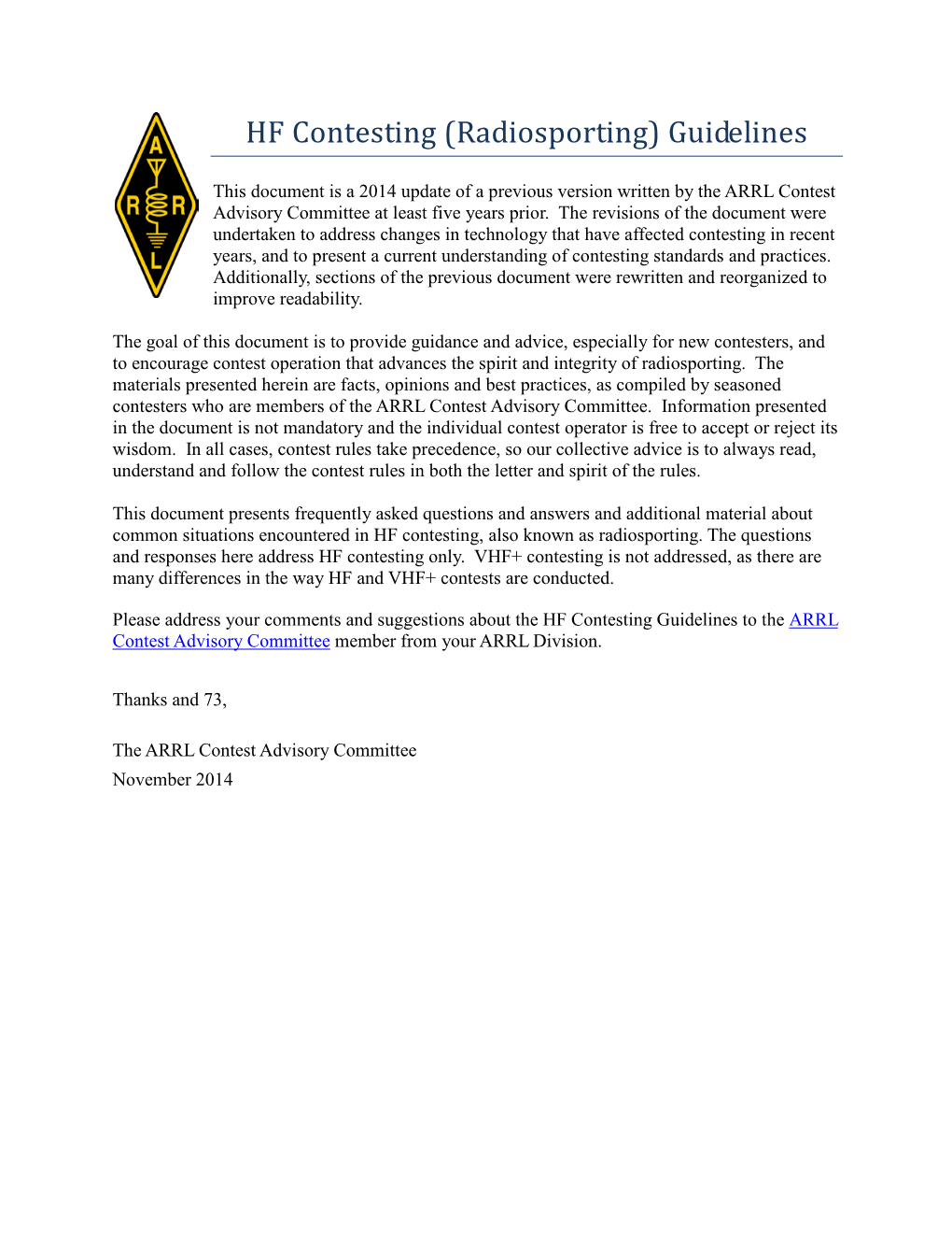 HF Contesting Guidelines to the ARRL Contest Advisory Committee Member from Your ARRL Division