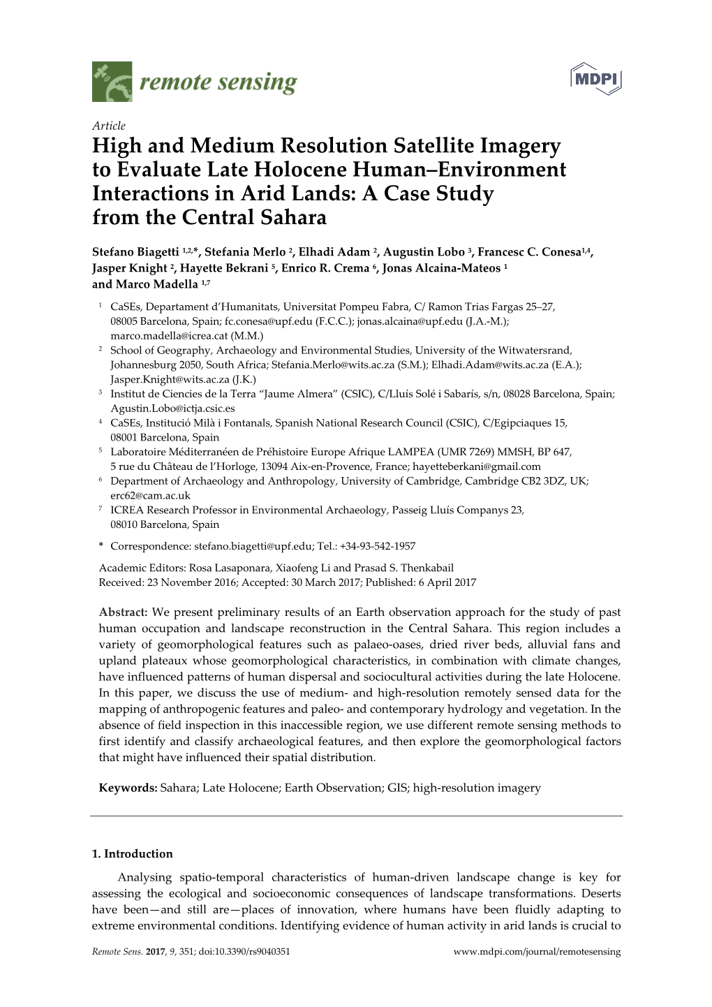 High and Medium Resolution Satellite Imagery to Evaluate Late Holocene Human–Environment Interactions in Arid Lands: a Case Study from the Central Sahara