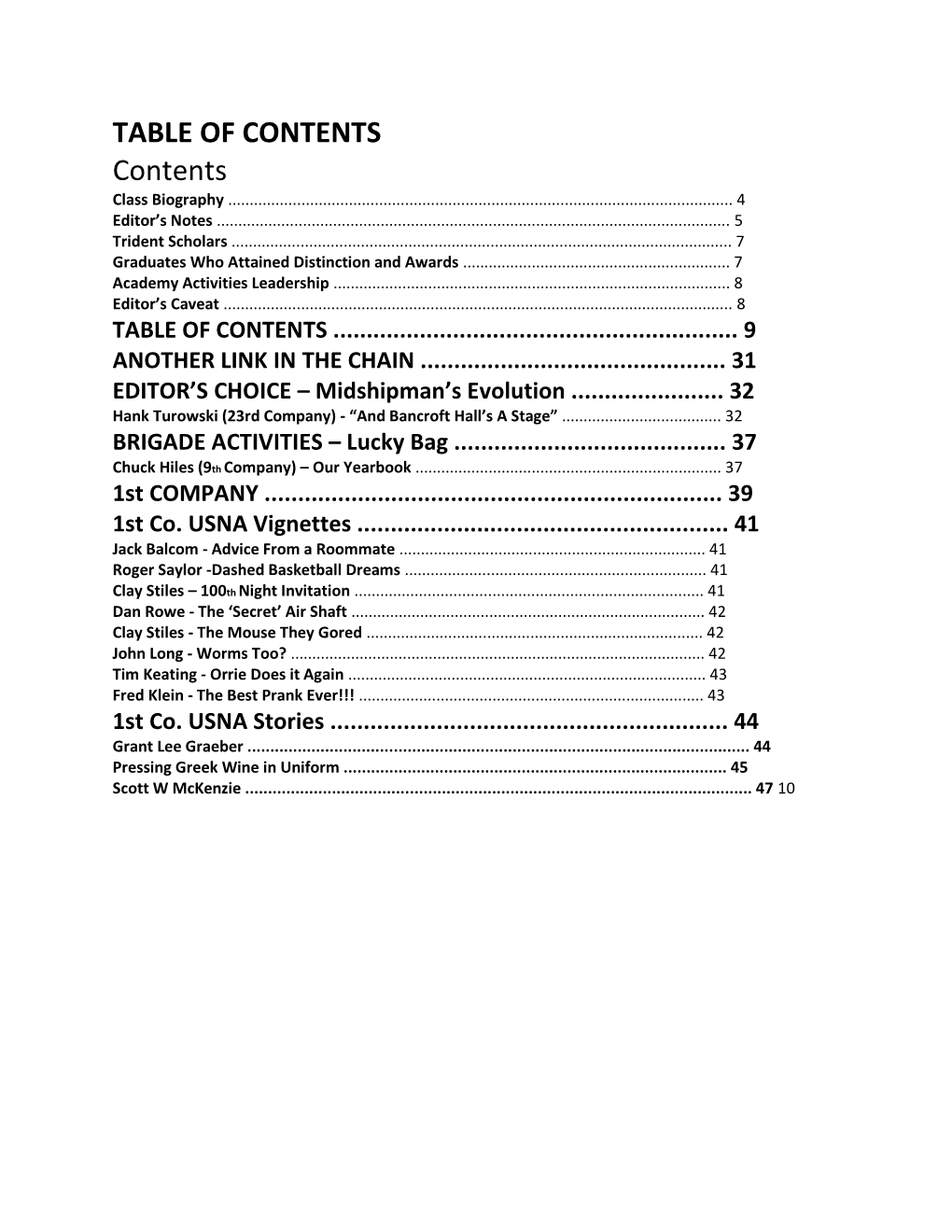 TABLE of CONTENTS Contents Class Biography