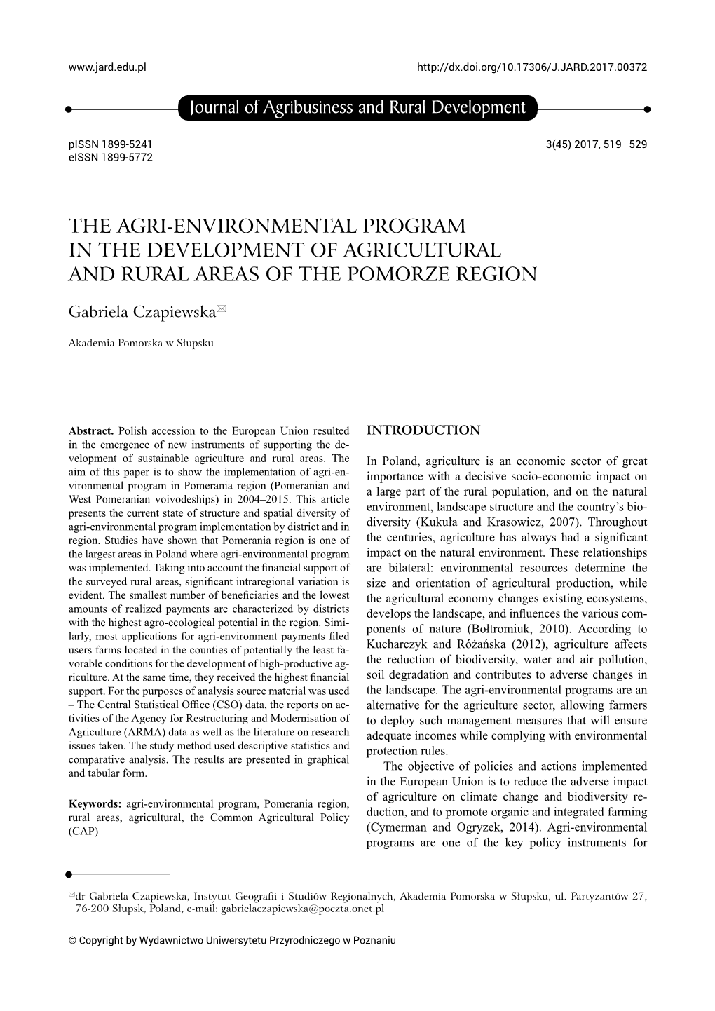 Journal of Agribusiness and Rural Development the AGRI