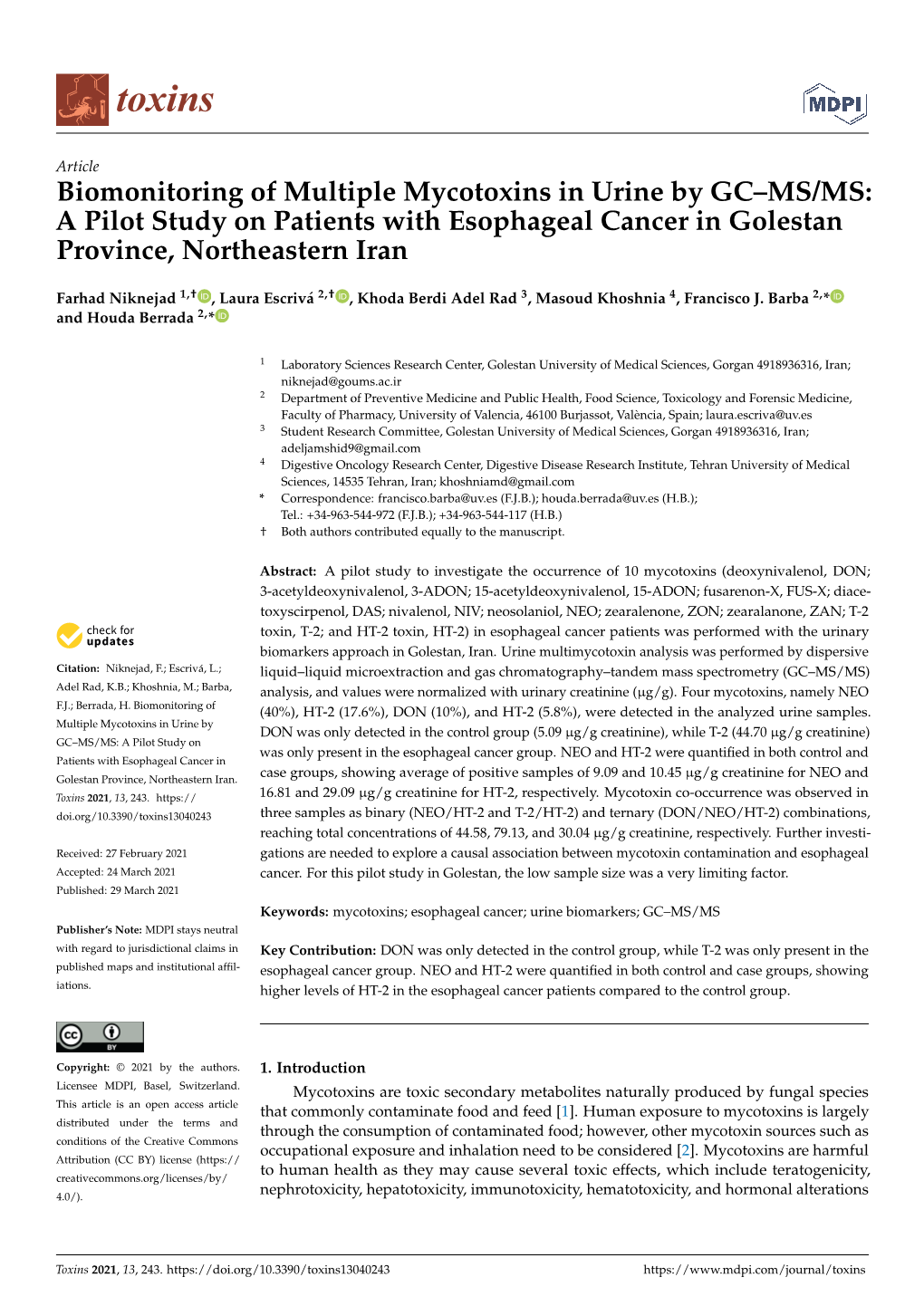 Biomonitoring of Multiple Mycotoxins in Urine by GC–MS/MS: a Pilot Study on Patients with Esophageal Cancer in Golestan Province, Northeastern Iran