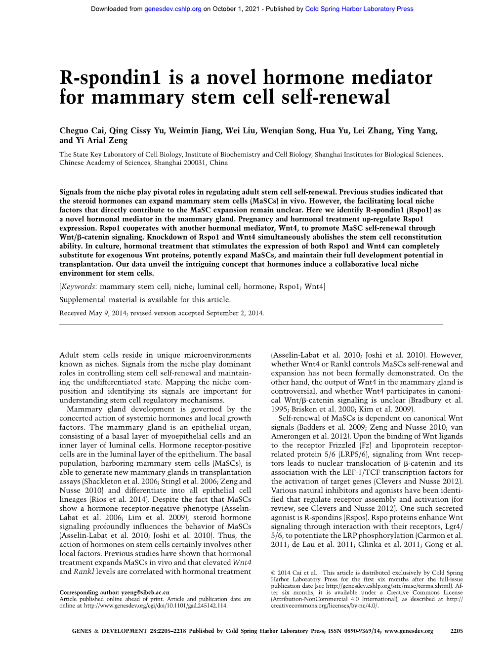 R-Spondin1 Is a Novel Hormone Mediator for Mammary Stem Cell Self-Renewal
