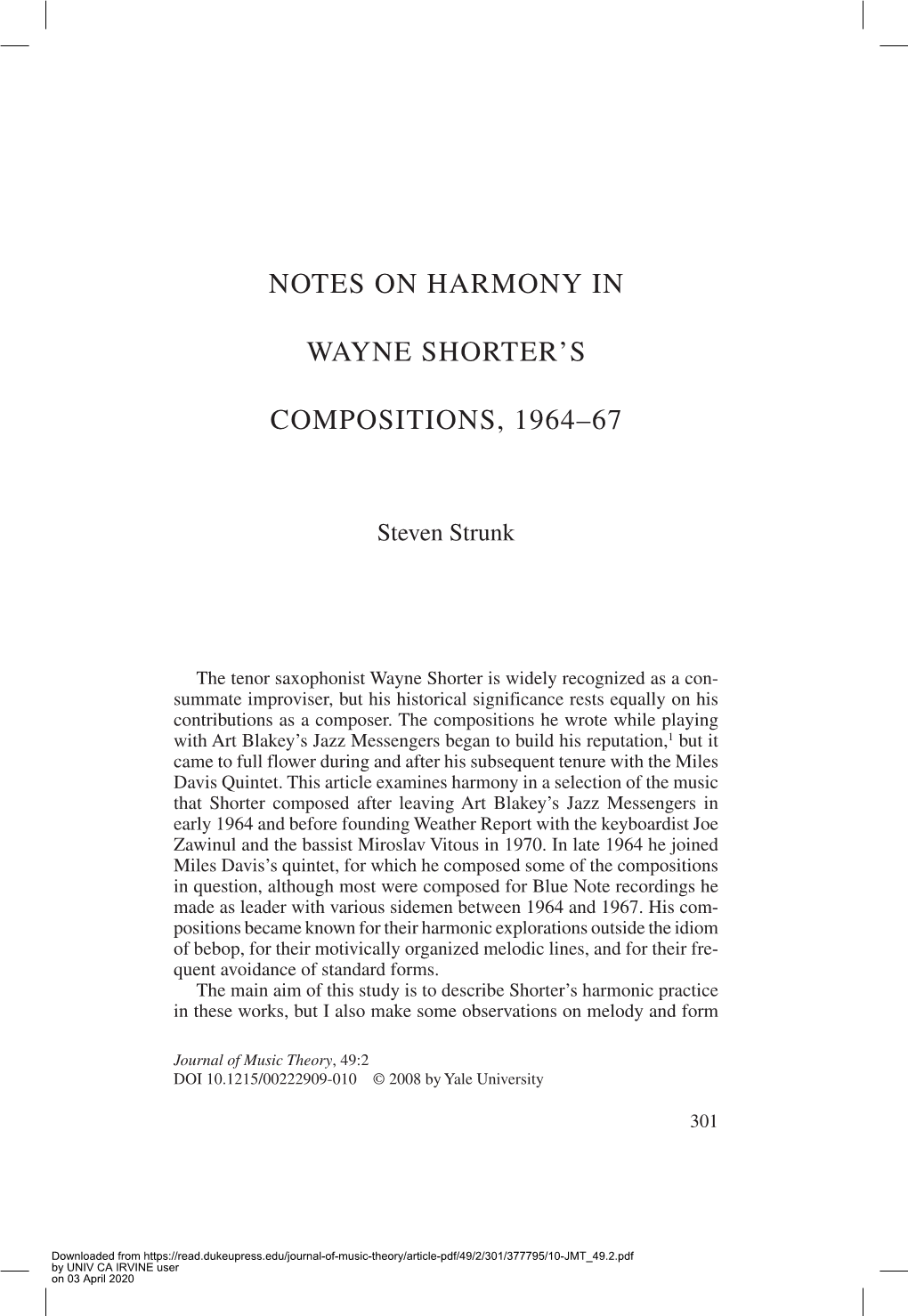 Notes on Harmony in Wayne Shorter's Compositions