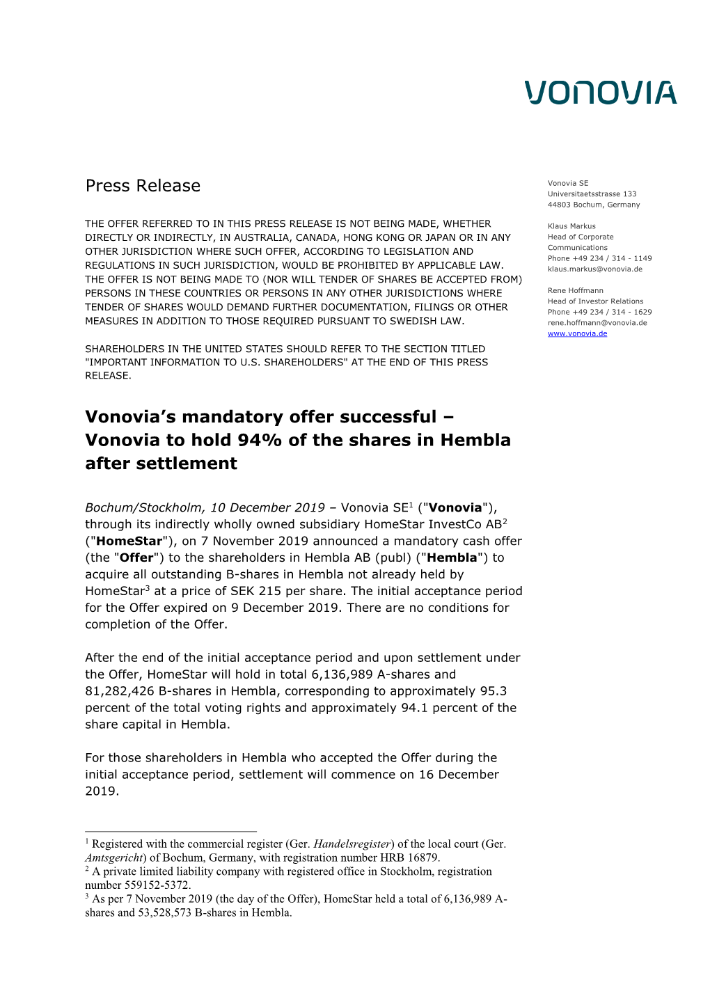 Press Release Vonovia's Mandatory Offer Successful