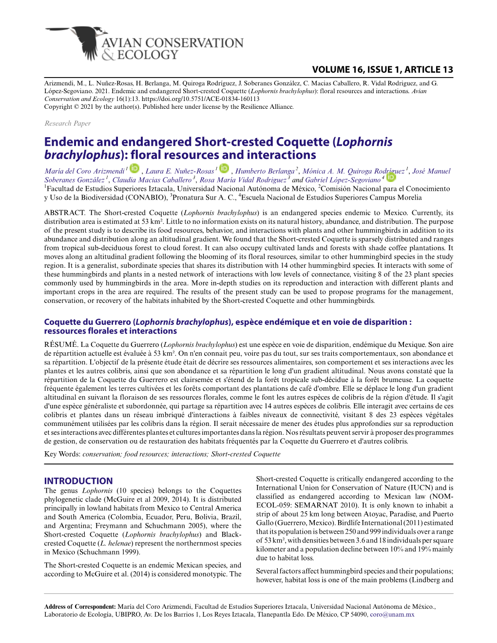 Lophornis Brachylophus): Floral Resources and Interactions