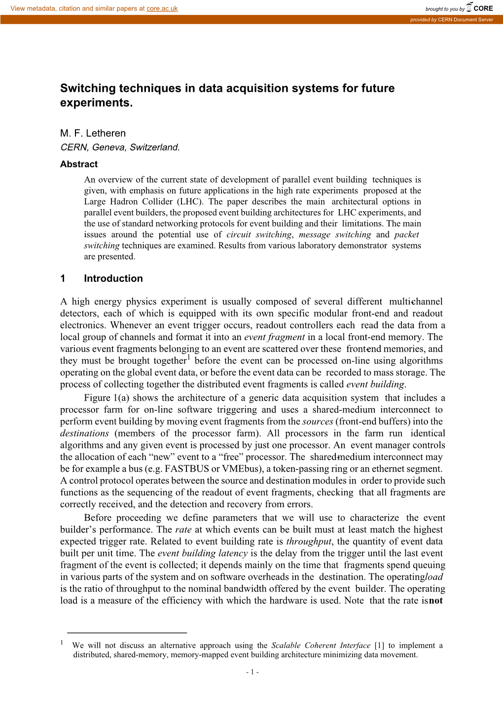 Switching Techniques in Data Acquisition Systems for Future Experiments