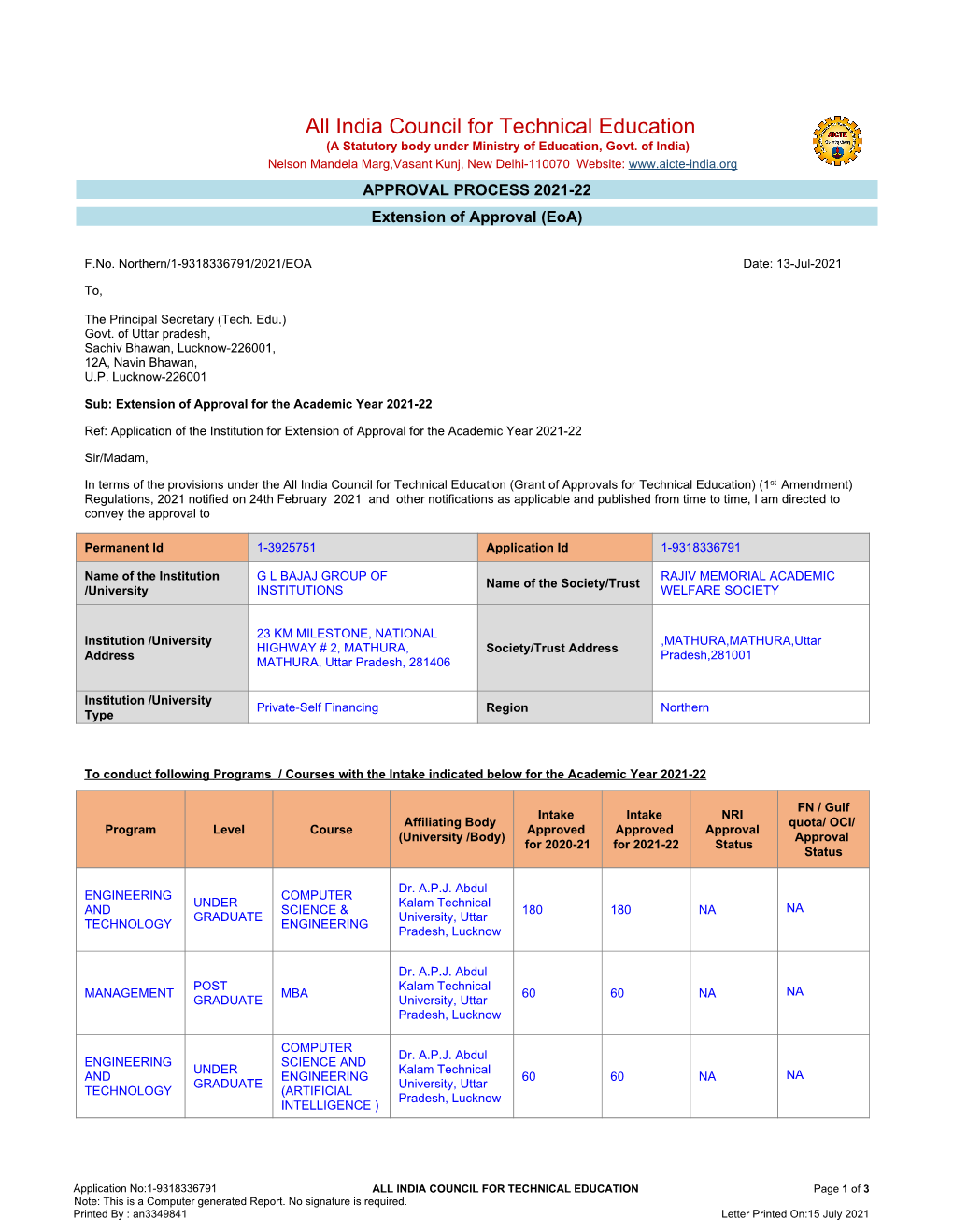 All India Council for Technical Education (A Statutory Body Under Ministry of Education, Govt