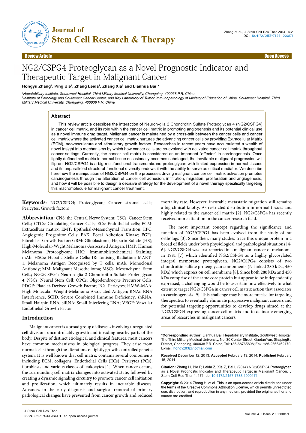 NG2/CSPG4 Proteoglycan As a Novel Prognostic Indicator And