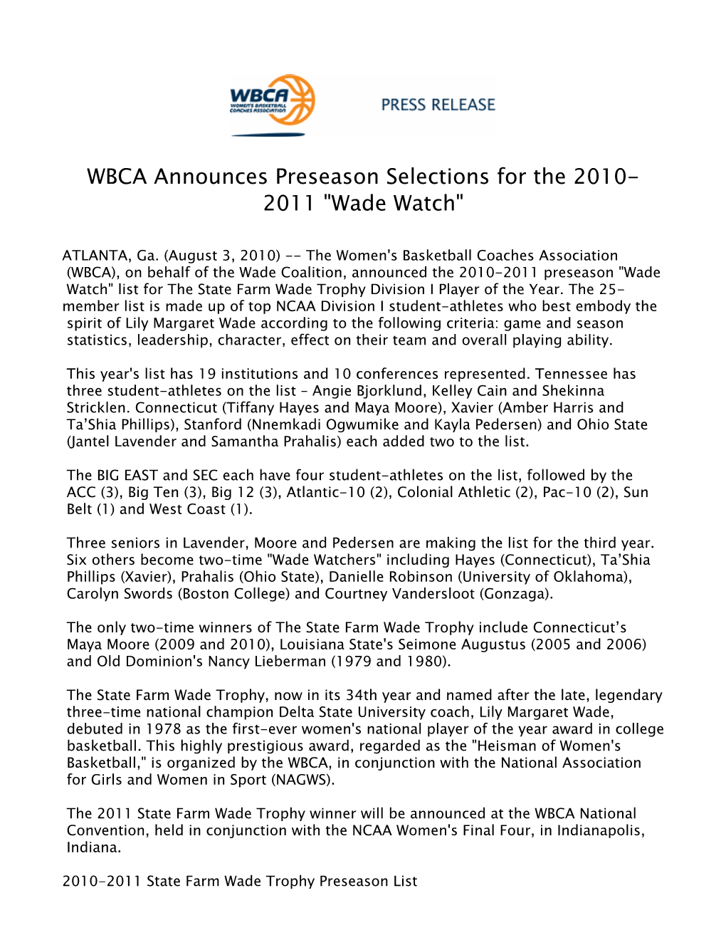 WBCA Announces Preseason Selections for the 2010-2011